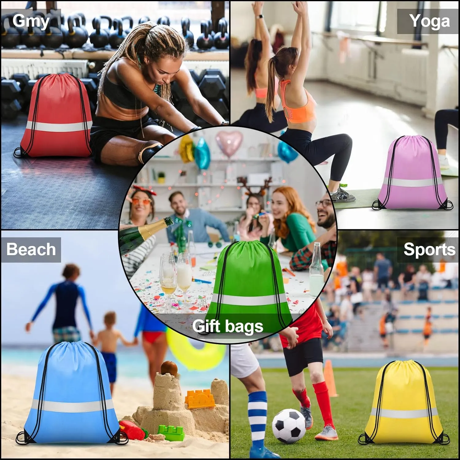 8Pcs Drawstring Bags Bulk Cinch Bag, Polyester String Bag Drawstring Backpack for Trip Party Camping Sports Gym YogaDark Reflect