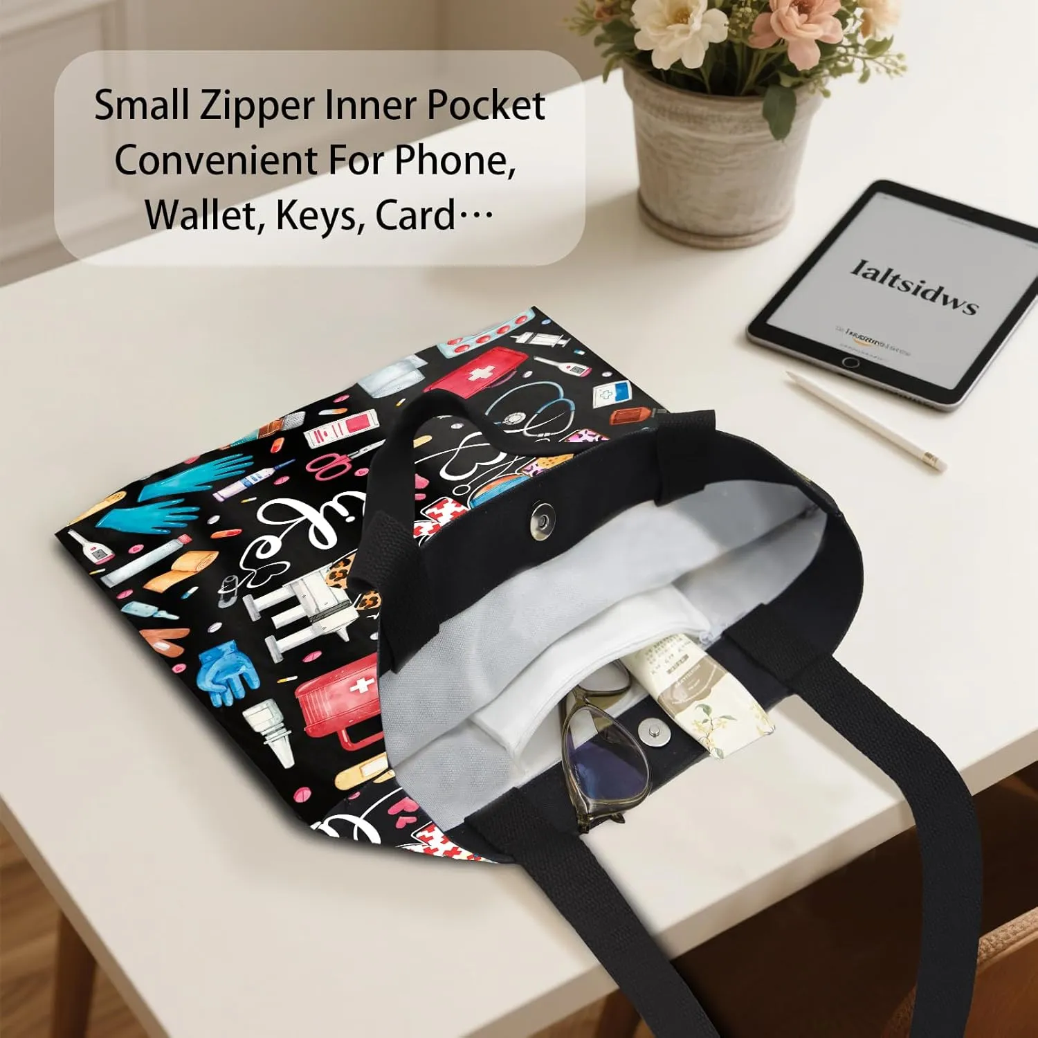 Aesthetic Canvas Tote Bag for Women - with Magnetic Snap Closure & Zipper Inner Pocket Reusable Totes Bag