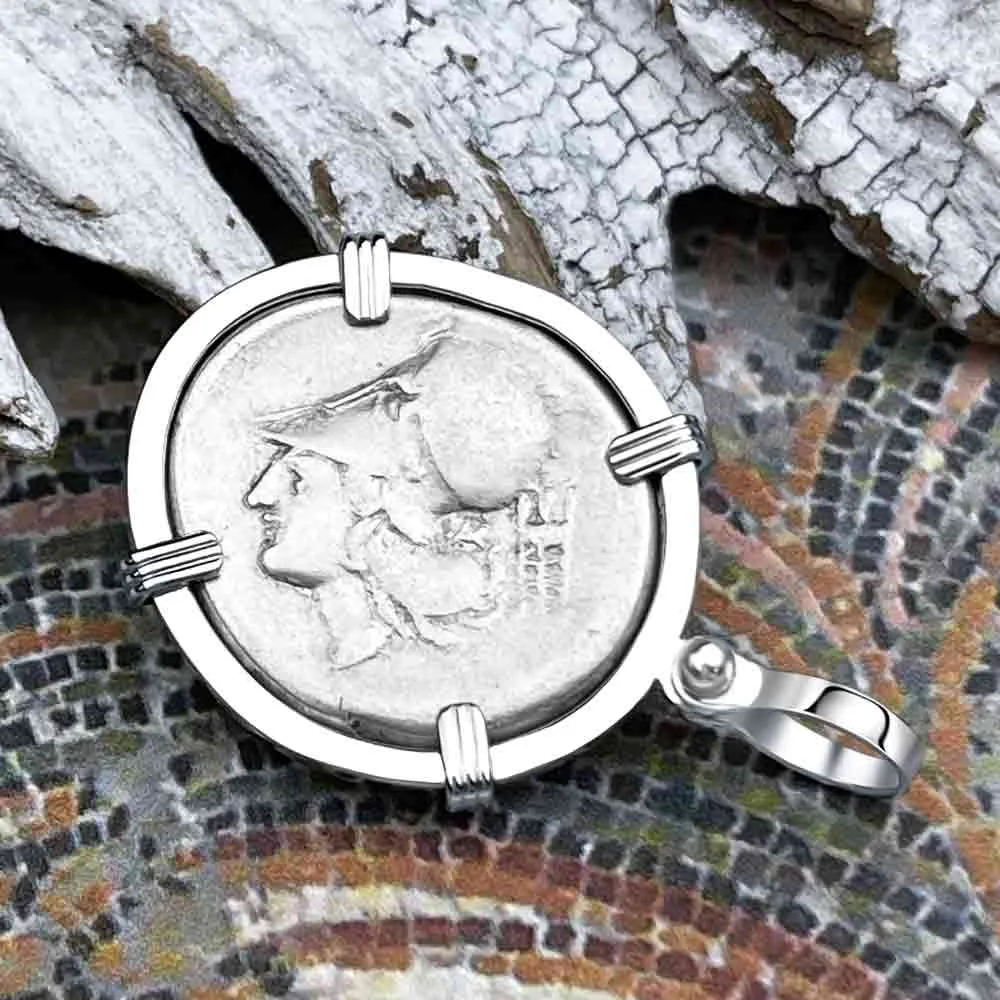 Ancient Greek Pegasus and Athena Silver Stater circa 350 – 240 BC 14K White Gold Pendant | Artifact #9700