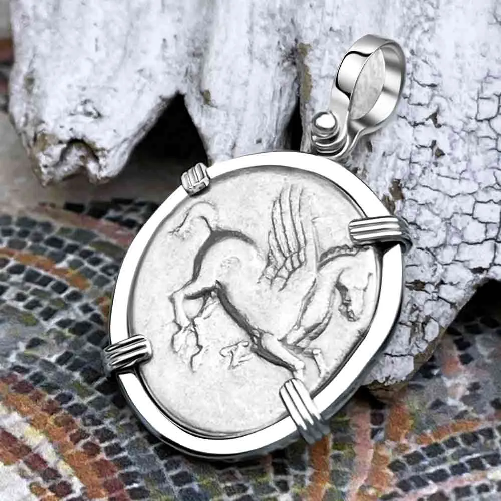 Ancient Greek Pegasus and Athena Silver Stater circa 350 – 240 BC 14K White Gold Pendant | Artifact #9700