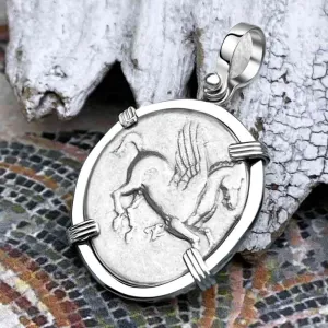 Ancient Greek Pegasus and Athena Silver Stater circa 350 – 240 BC 14K White Gold Pendant | Artifact #9700