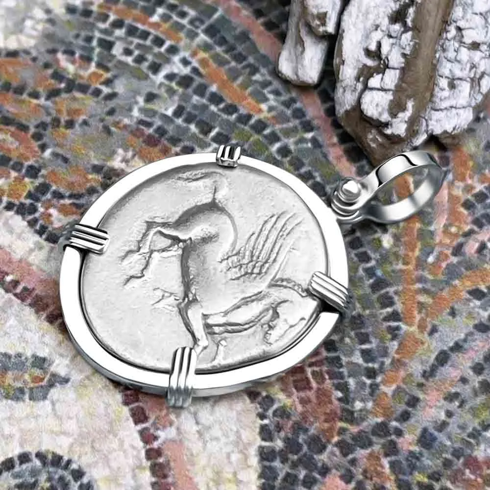 Ancient Greek Pegasus and Athena Silver Stater circa 350 – 240 BC 14K White Gold Pendant | Artifact #9700