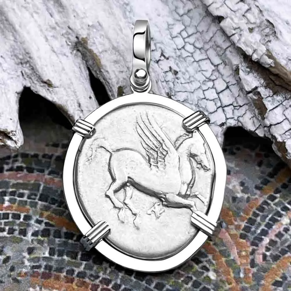 Ancient Greek Pegasus and Athena Silver Stater circa 350 – 240 BC 14K White Gold Pendant | Artifact #9700