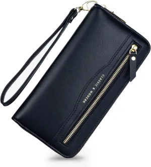 aurrako Women's Clutch Wallet Wristlet With Wrist Strap 2 Zipper Pocket For Credit Card Cash Long Purse(Black)