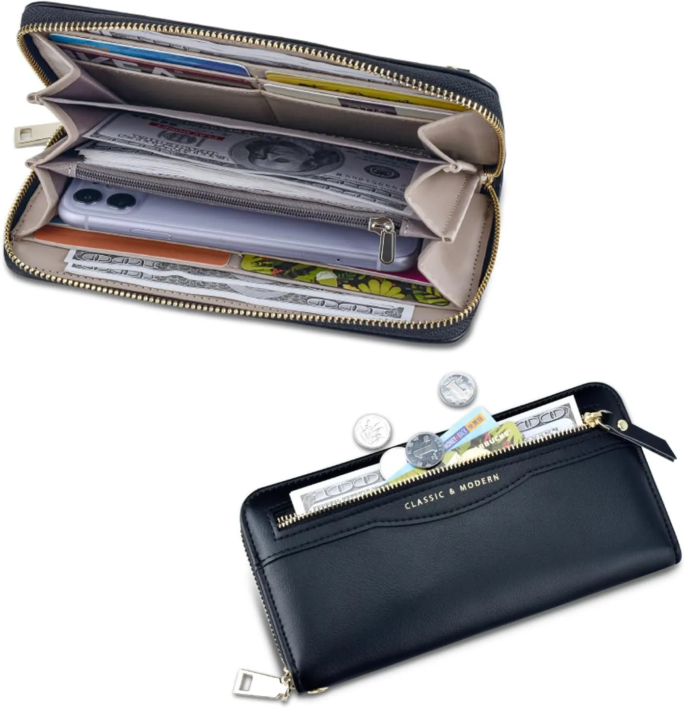 aurrako Women's Clutch Wallet Wristlet With Wrist Strap 2 Zipper Pocket For Credit Card Cash Long Purse(Black)