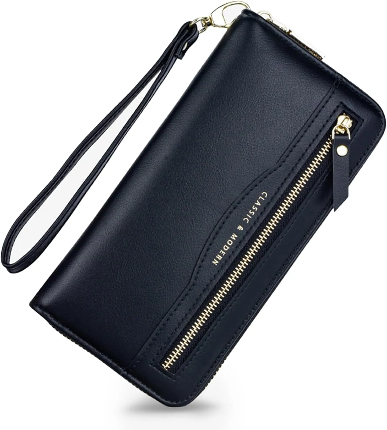 aurrako Women's Clutch Wallet Wristlet With Wrist Strap 2 Zipper Pocket For Credit Card Cash Long Purse(Black)