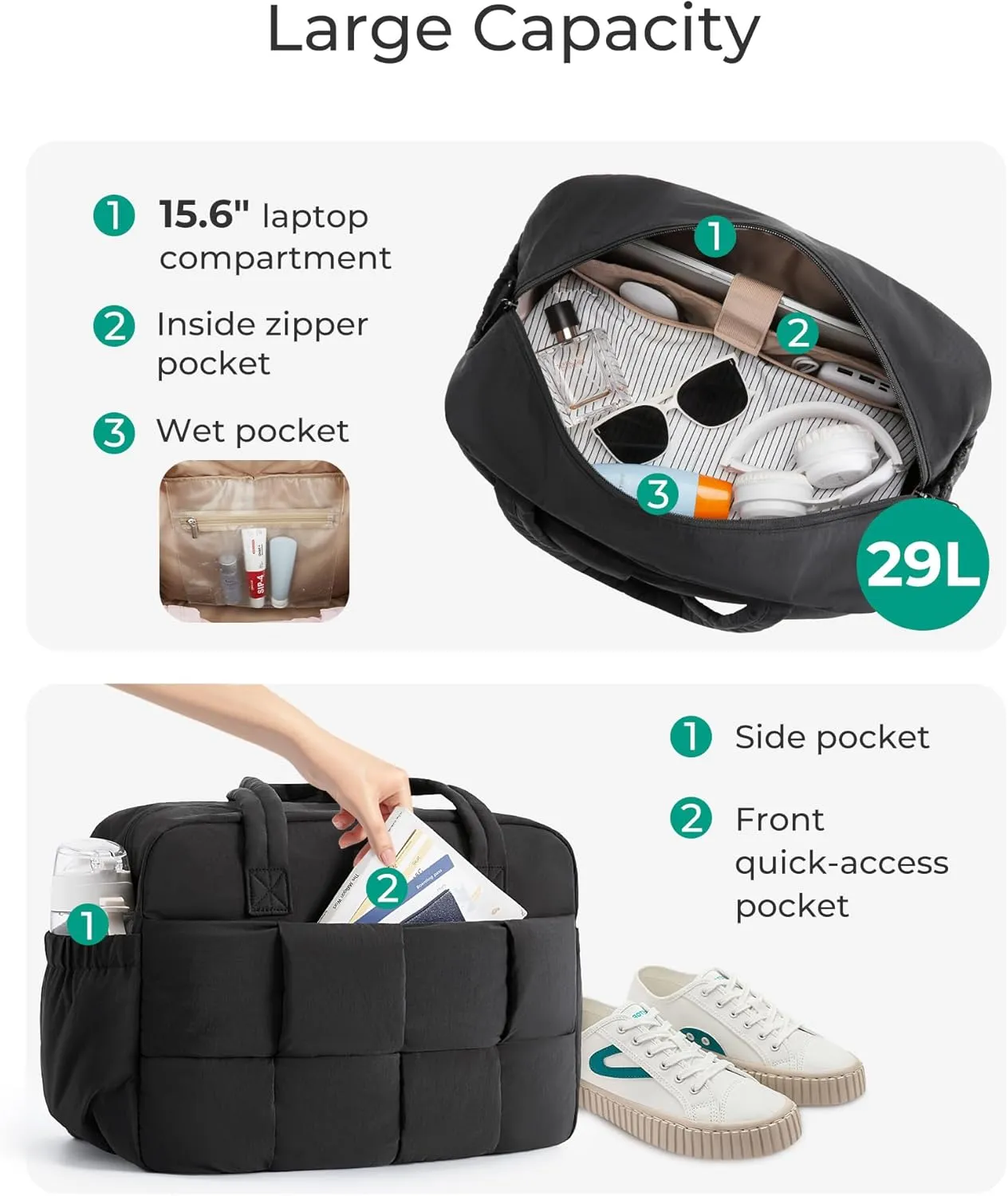 BAGSMART Gym Bag for Women, 29L Puffer Travel Duffle Bag for Travel with Laptop Compartment, Weekender Bags for Women, Carry On Duffel Bag Personal Item Bag, Black