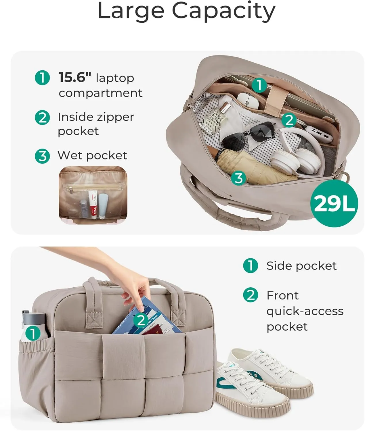 BAGSMART Gym Bag for Women, 29L Puffer Travel Duffle Bag for Travel with Laptop Compartment, Weekender Bags for Women, Carry On Duffel Bag Personal Item Bag, Camel