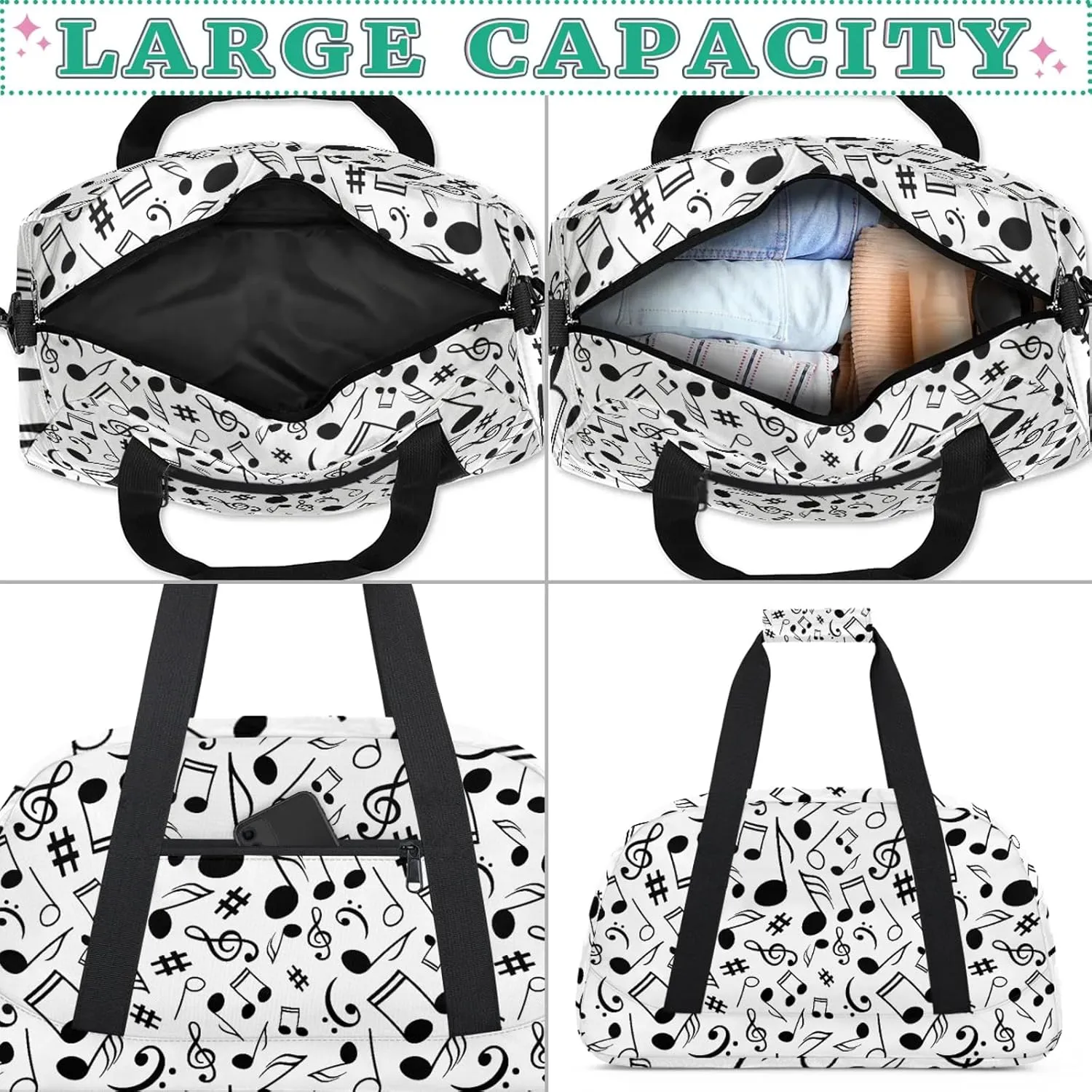 Black And White Music 18 inch Small Gym Bag for Women and Men, Lightweight Carry On Weekender Bag Mini Duffel Bag for Travel Sports Workout, Musical Notes
