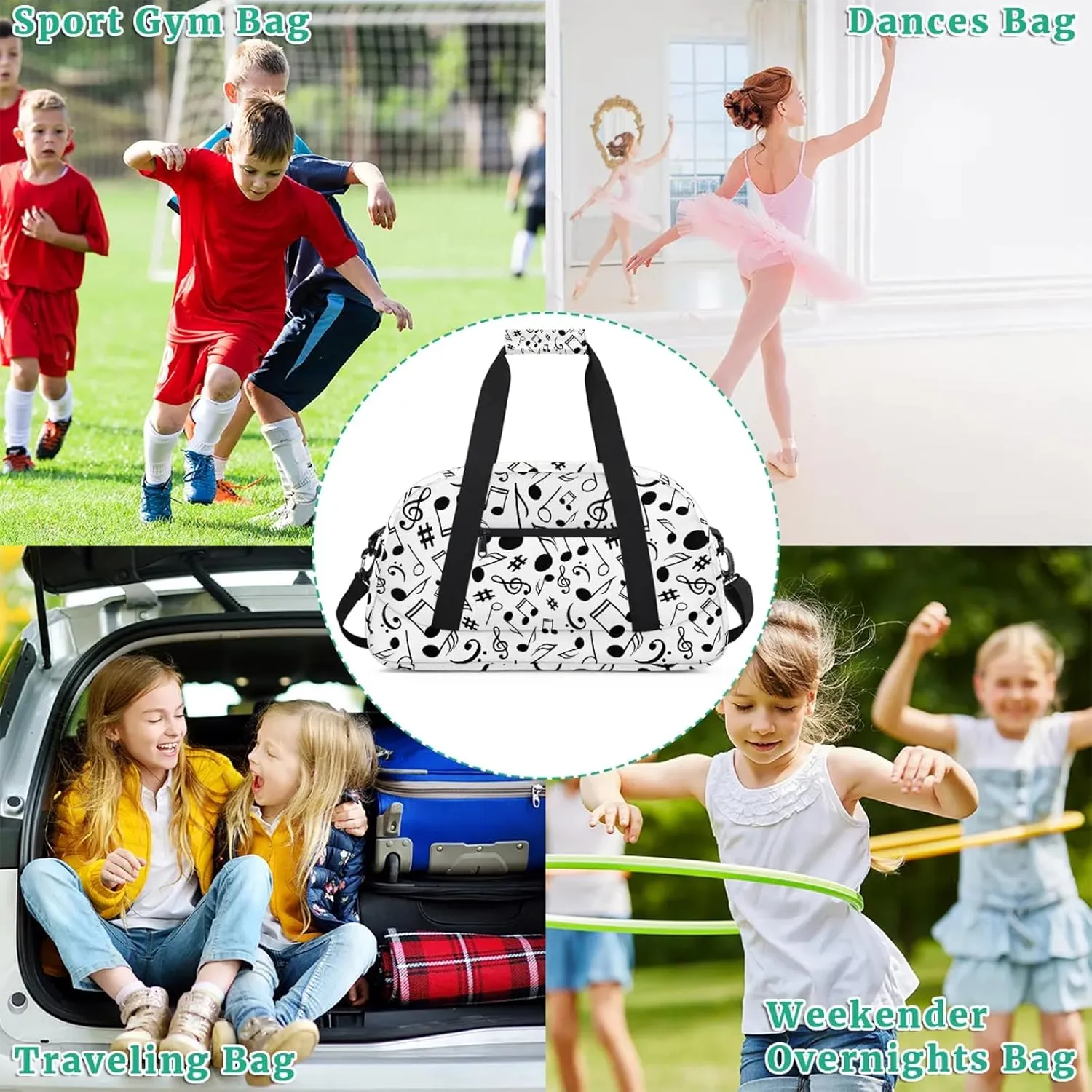Black And White Music 18 inch Small Gym Bag for Women and Men, Lightweight Carry On Weekender Bag Mini Duffel Bag for Travel Sports Workout, Musical Notes