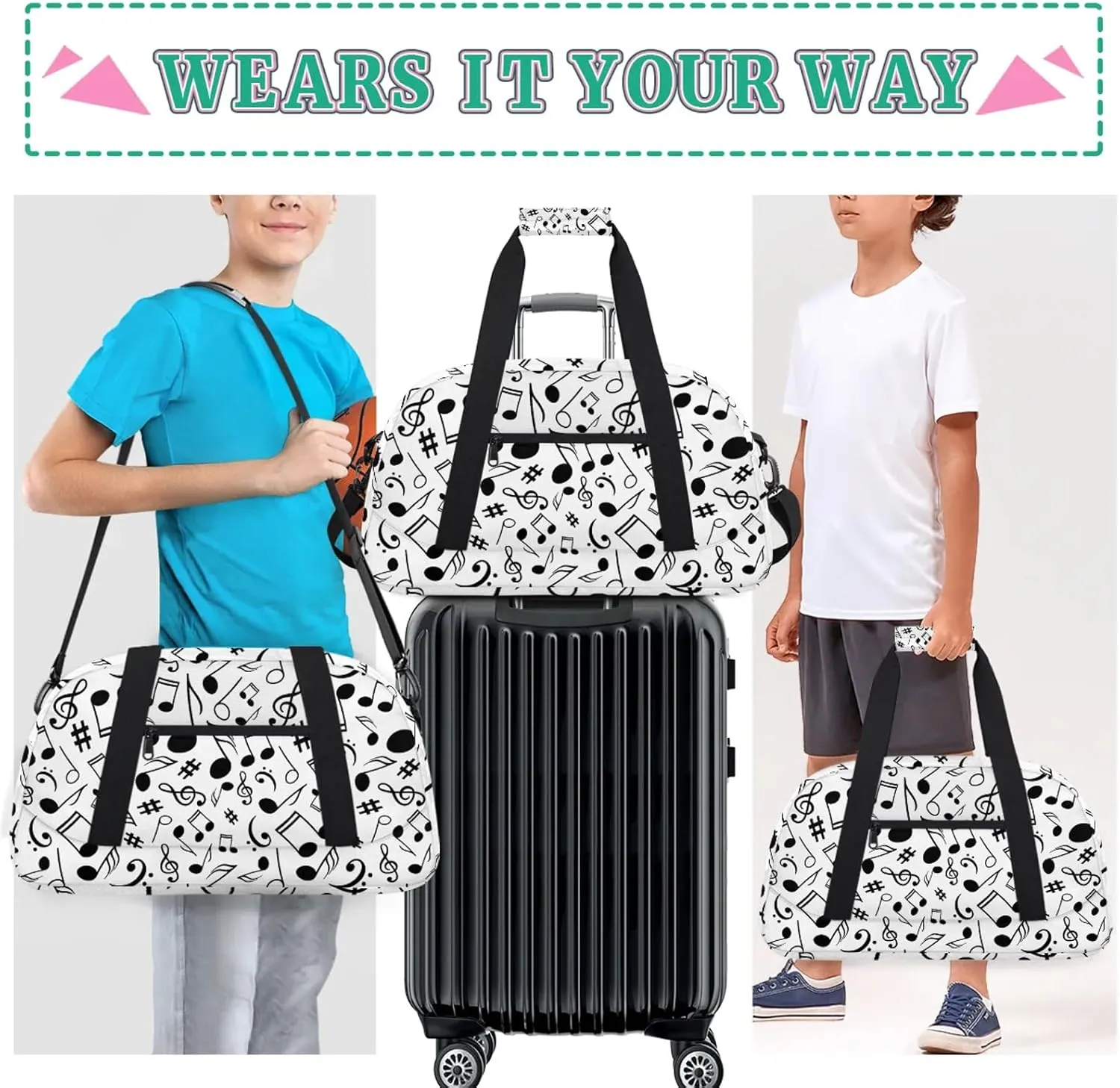 Black And White Music 18 inch Small Gym Bag for Women and Men, Lightweight Carry On Weekender Bag Mini Duffel Bag for Travel Sports Workout, Musical Notes