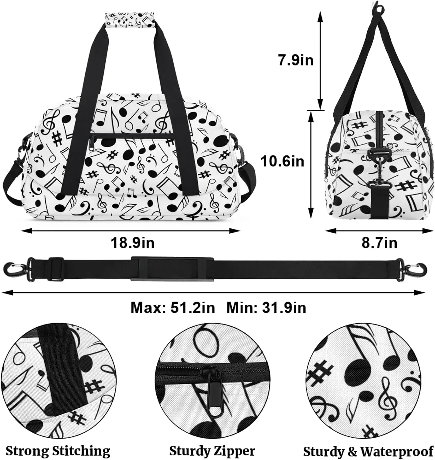 Black And White Music 18 inch Small Gym Bag for Women and Men, Lightweight Carry On Weekender Bag Mini Duffel Bag for Travel Sports Workout, Musical Notes