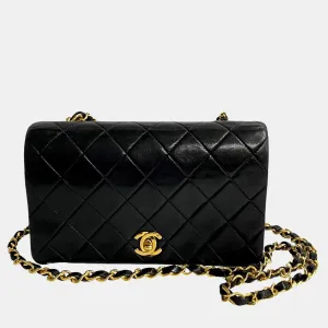Black Lambskin Quilted Full Flap Shoulder Bag