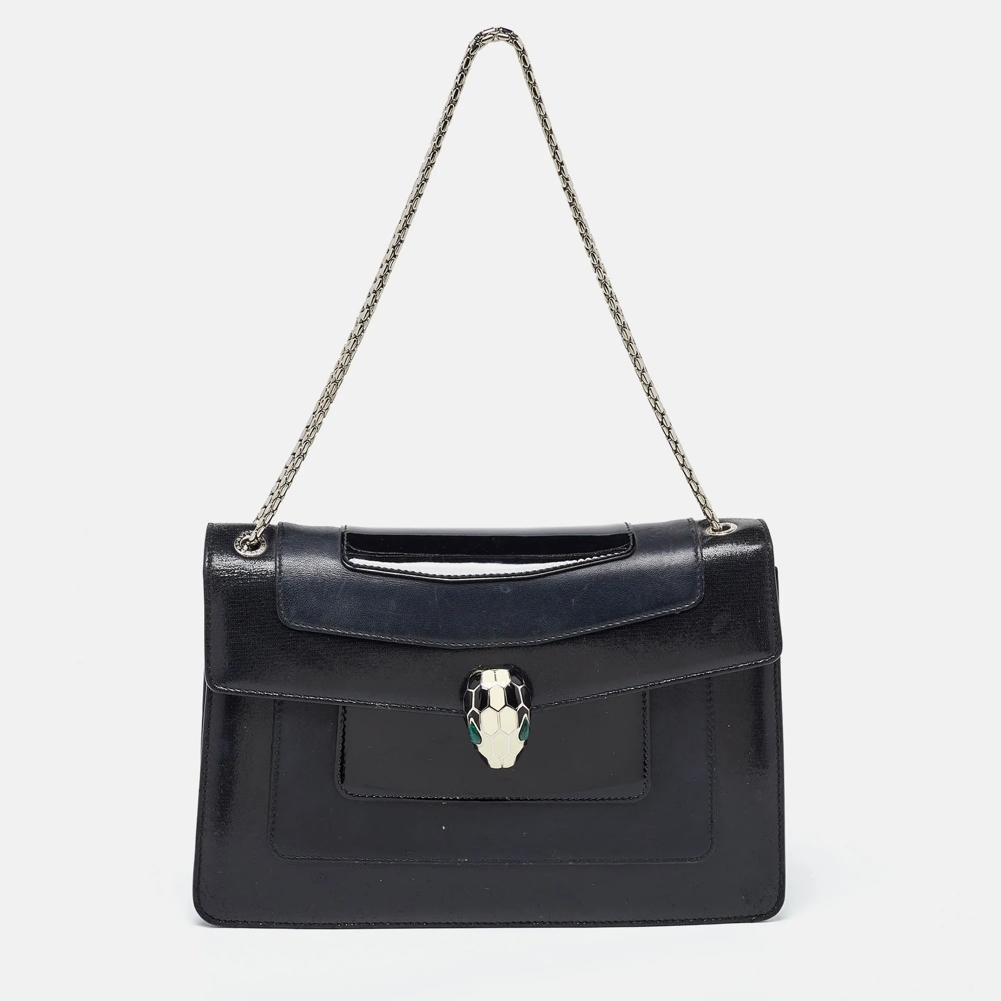 Black Leather and Patent Leather Medium Serpenti Forever Flap Shoulder Bag