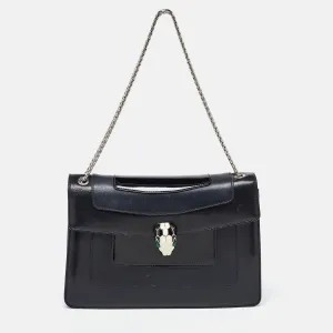 Black Leather and Patent Leather Medium Serpenti Forever Flap Shoulder Bag