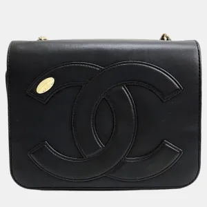 Black Leather CC Mania Flap Shoulder Bag