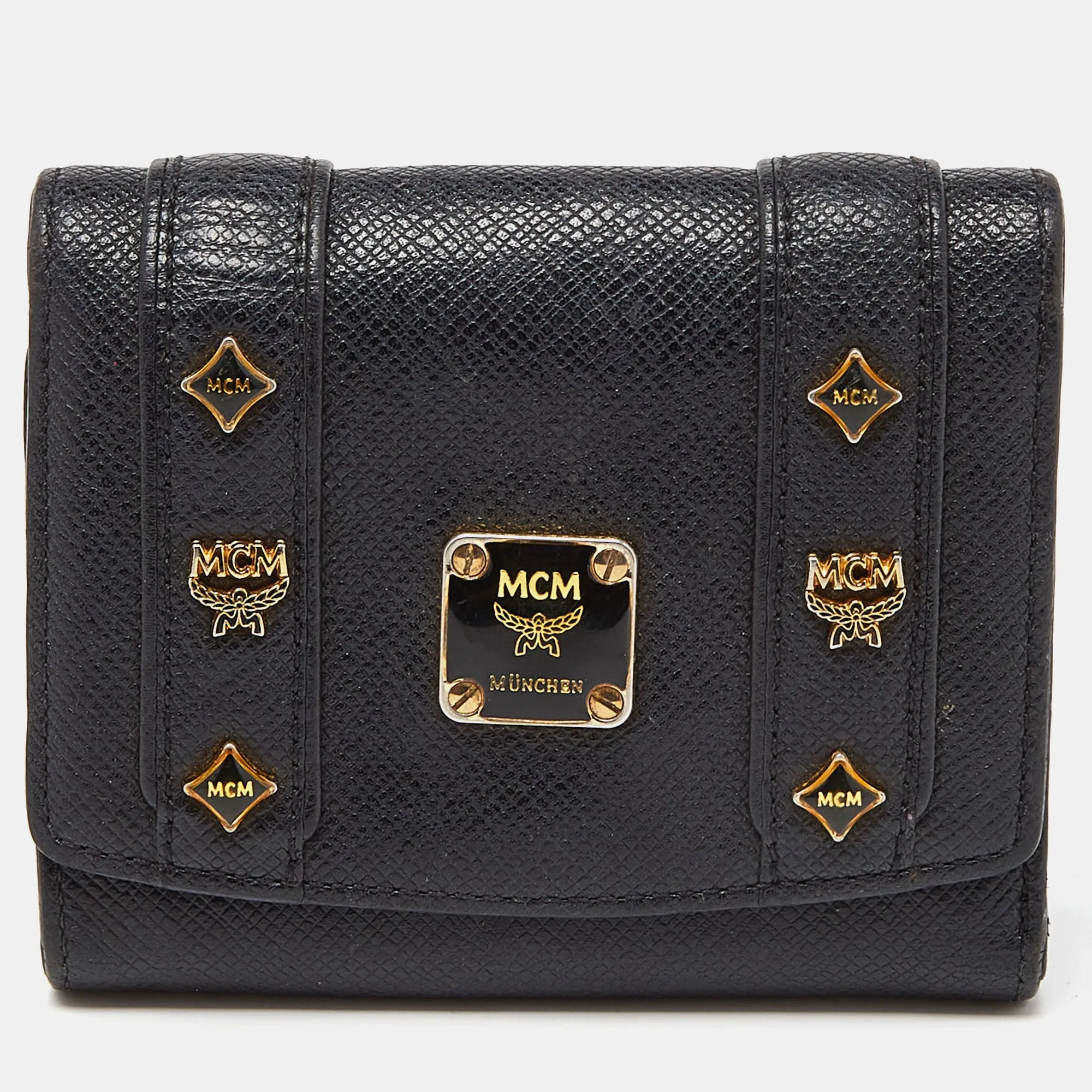 Black Leather Studded Charm Trifold Wallet