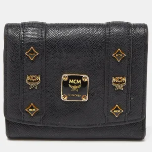 Black Leather Studded Charm Trifold Wallet