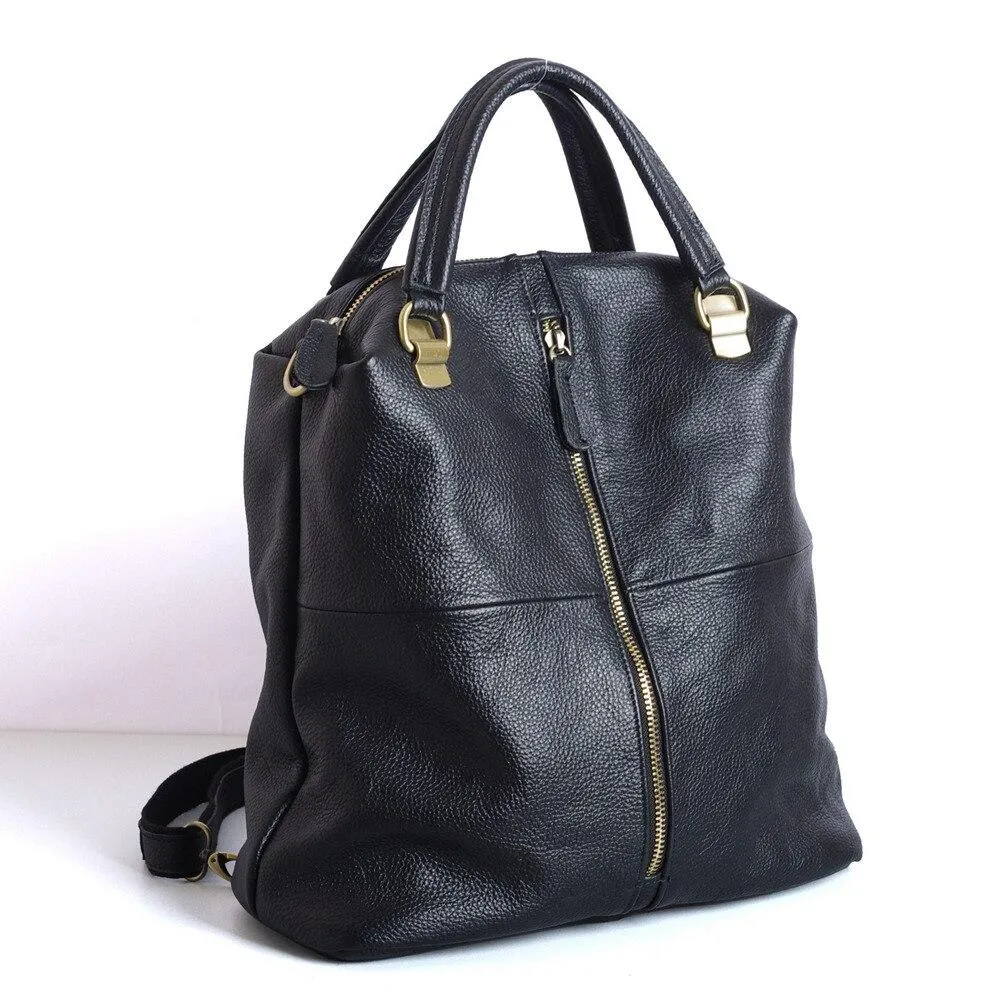 Black Women Large Capacity Soft Handle Leather Backpack