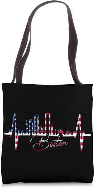 Boston Skyline Heartbeat Silhouette Heart I Love Boston MA Tote Bag
