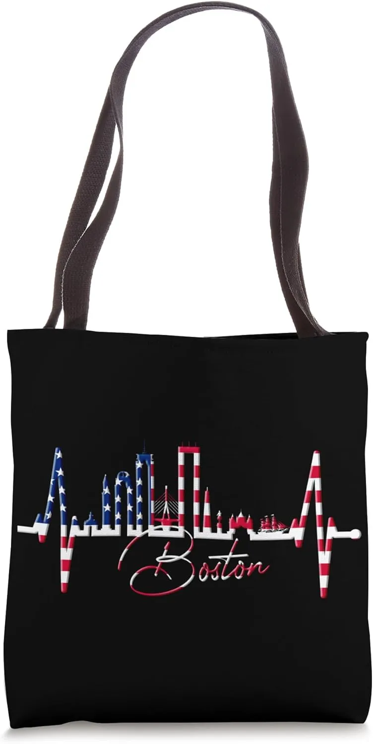 Boston Skyline Heartbeat Silhouette Heart I Love Boston MA Tote Bag