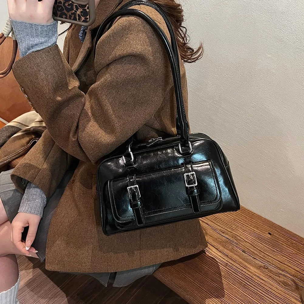 Boston Tote Bag for Women with Multi-Pockets Bowling Bag PU Leather Solid Color Hobo Bag Zipper Handbag for Work T