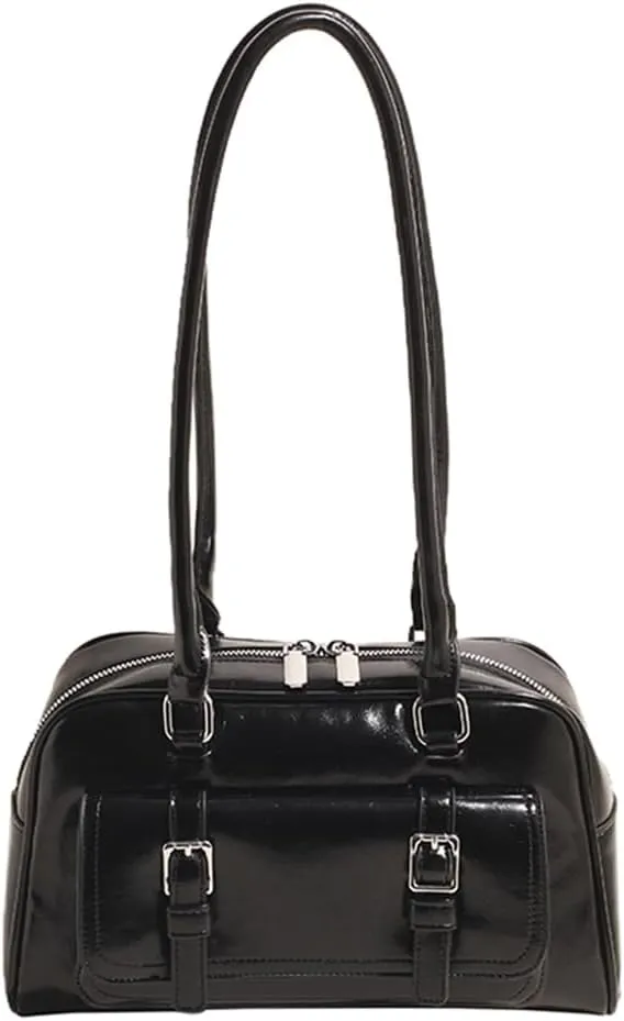 Boston Tote Bag for Women with Multi-Pockets Bowling Bag PU Leather Solid Color Hobo Bag Zipper Handbag for Work T