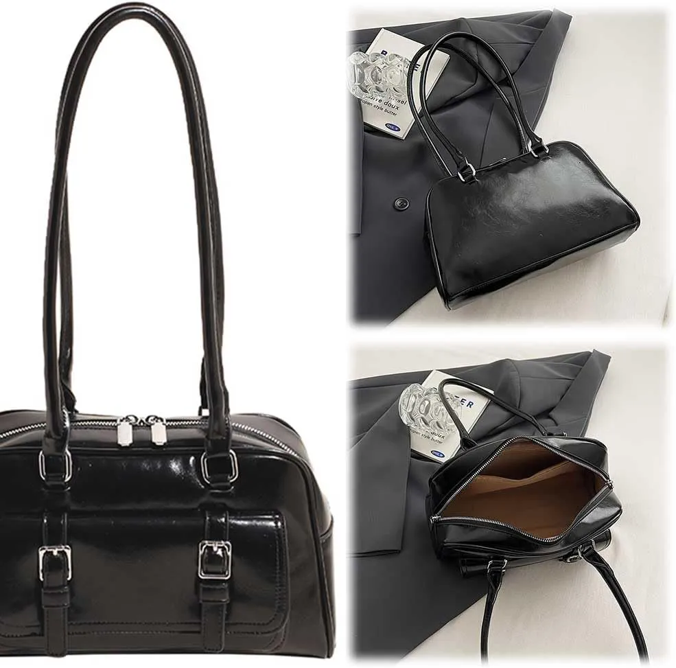Boston Tote Bag for Women with Multi-Pockets Bowling Bag PU Leather Solid Color Hobo Bag Zipper Handbag for Work T