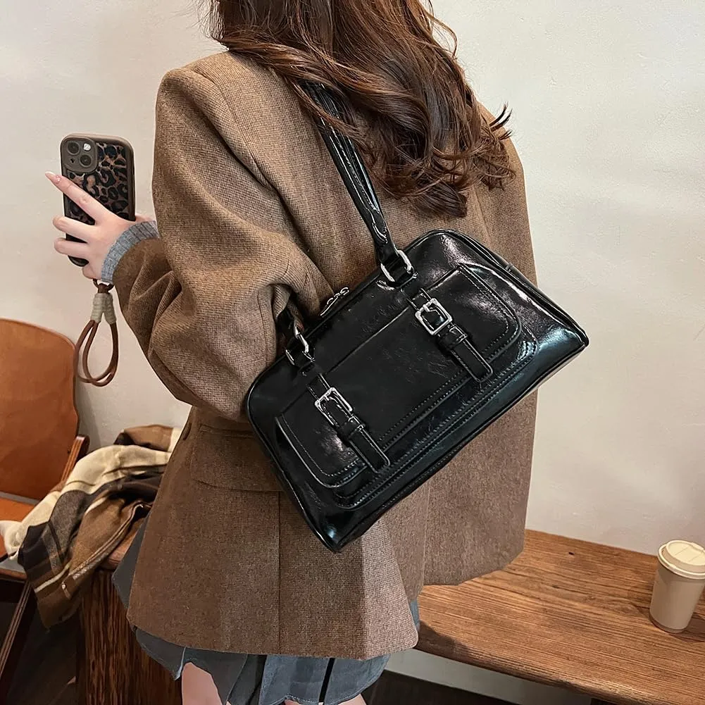 Boston Tote Bag for Women with Multi-Pockets Bowling Bag PU Leather Solid Color Hobo Bag Zipper Handbag for Work T