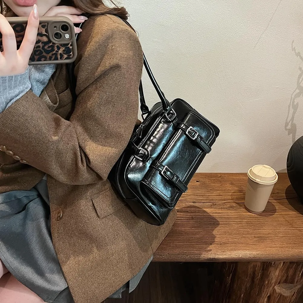 Boston Tote Bag for Women with Multi-Pockets Bowling Bag PU Leather Solid Color Hobo Bag Zipper Handbag for Work T
