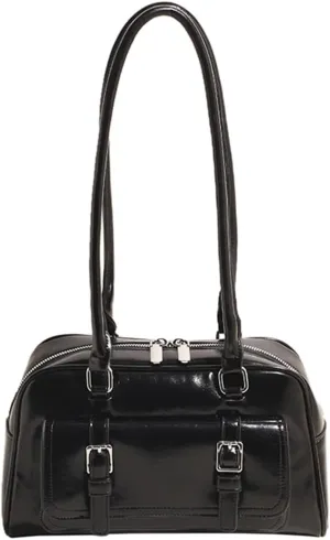 Boston Tote Bag for Women with Multi-Pockets Bowling Bag PU Leather Solid Color Hobo Bag Zipper Handbag for Work T