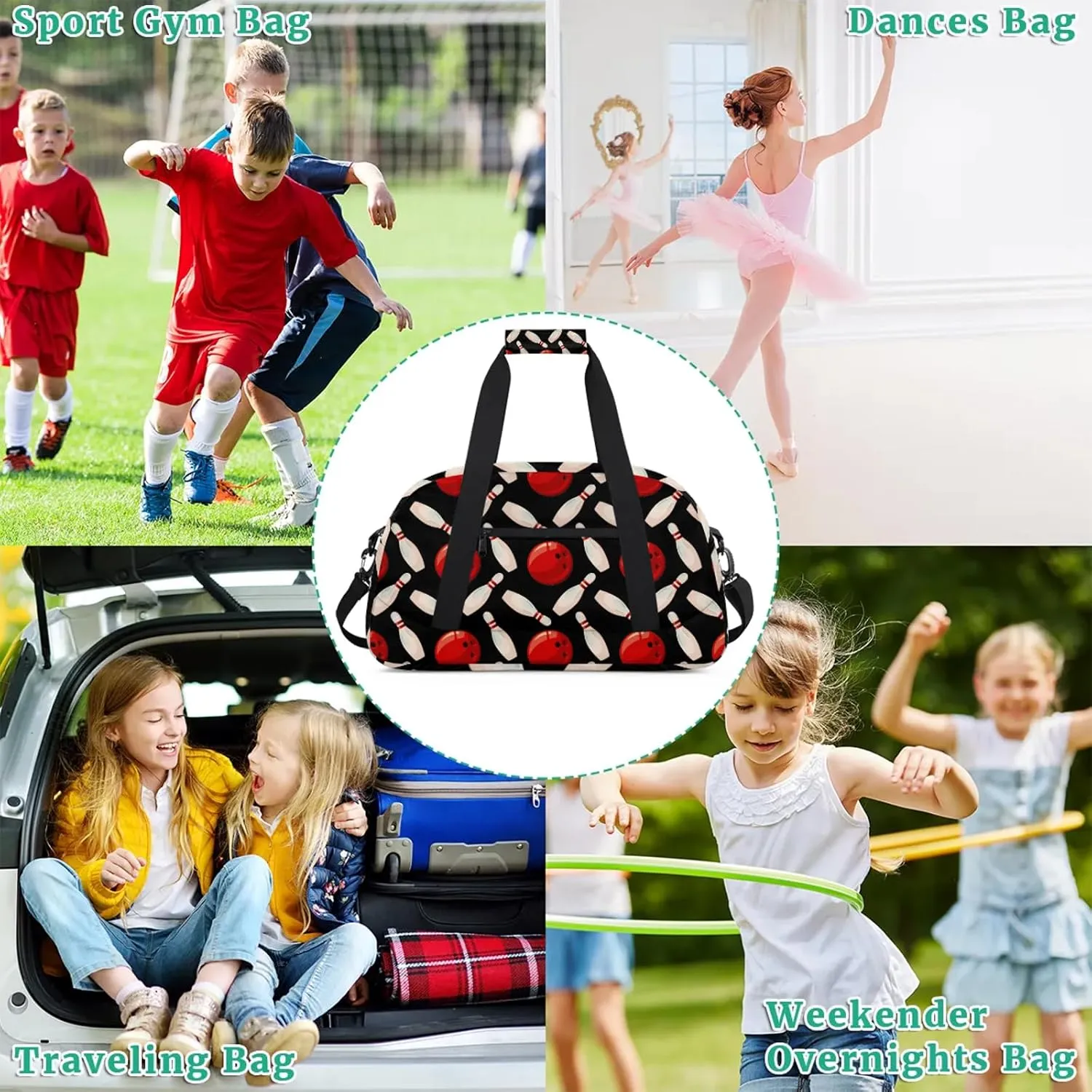 Bowling Ball 18 inch Small Gym Bag for Women and Men, Lightweight Carry On Weekender Bag Mini Duffel Bag for Travel Sports Workout, Black