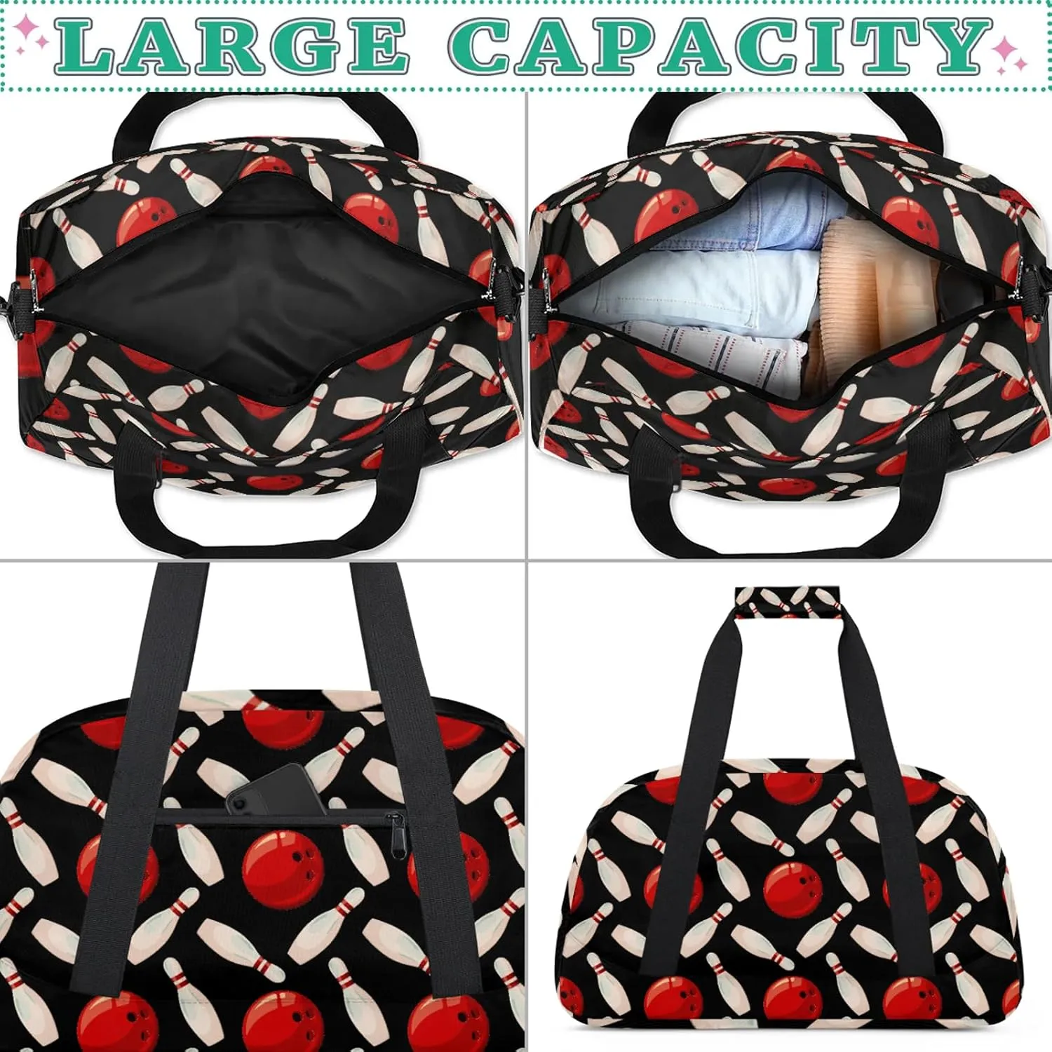 Bowling Ball 18 inch Small Gym Bag for Women and Men, Lightweight Carry On Weekender Bag Mini Duffel Bag for Travel Sports Workout, Black