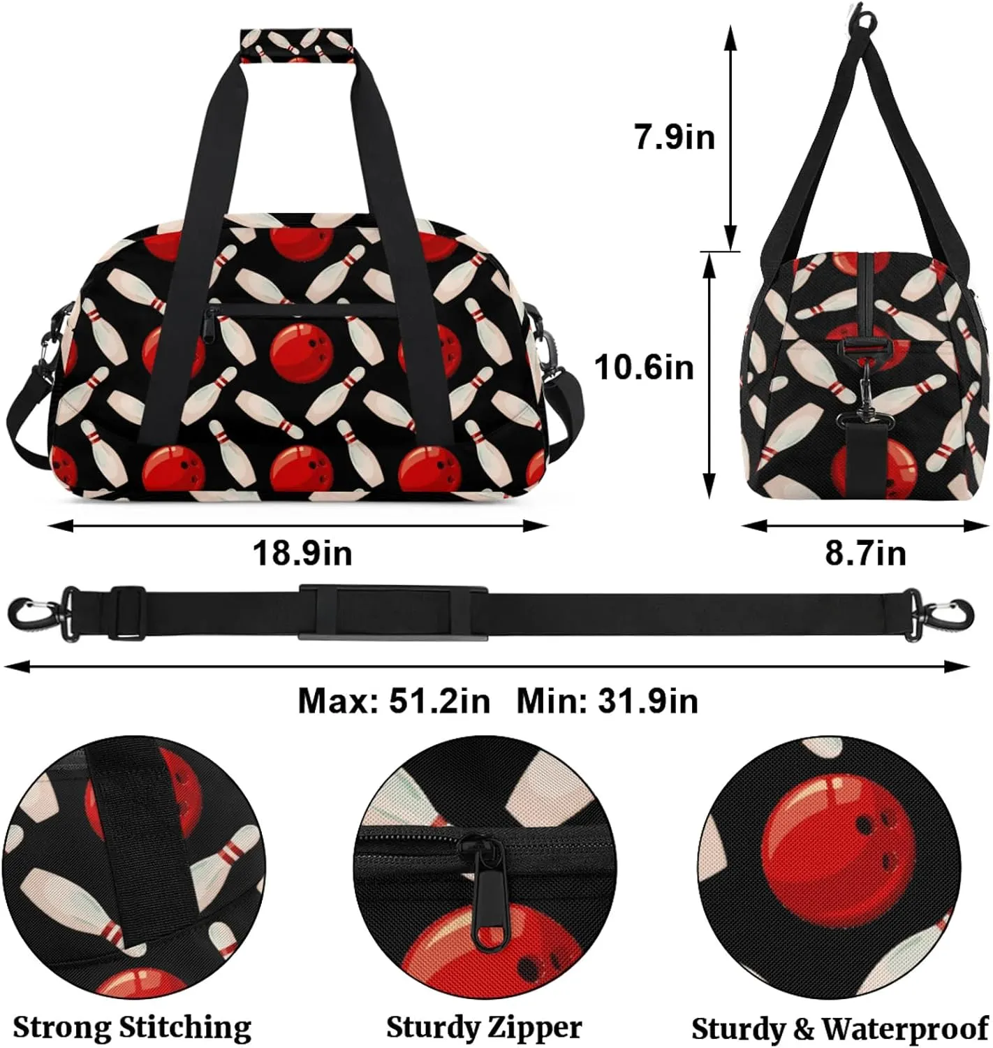 Bowling Ball 18 inch Small Gym Bag for Women and Men, Lightweight Carry On Weekender Bag Mini Duffel Bag for Travel Sports Workout, Black