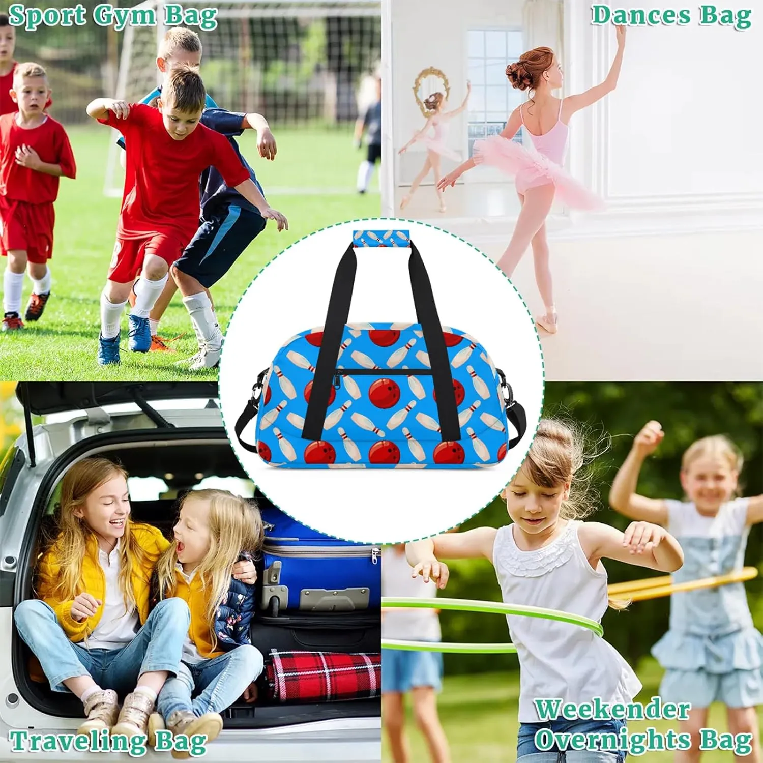 Bowling Ball 18 inch Small Gym Bag for Women and Men, Lightweight Carry On Weekender Bag Mini Duffel Bag for Travel Sports Workout, Blue
