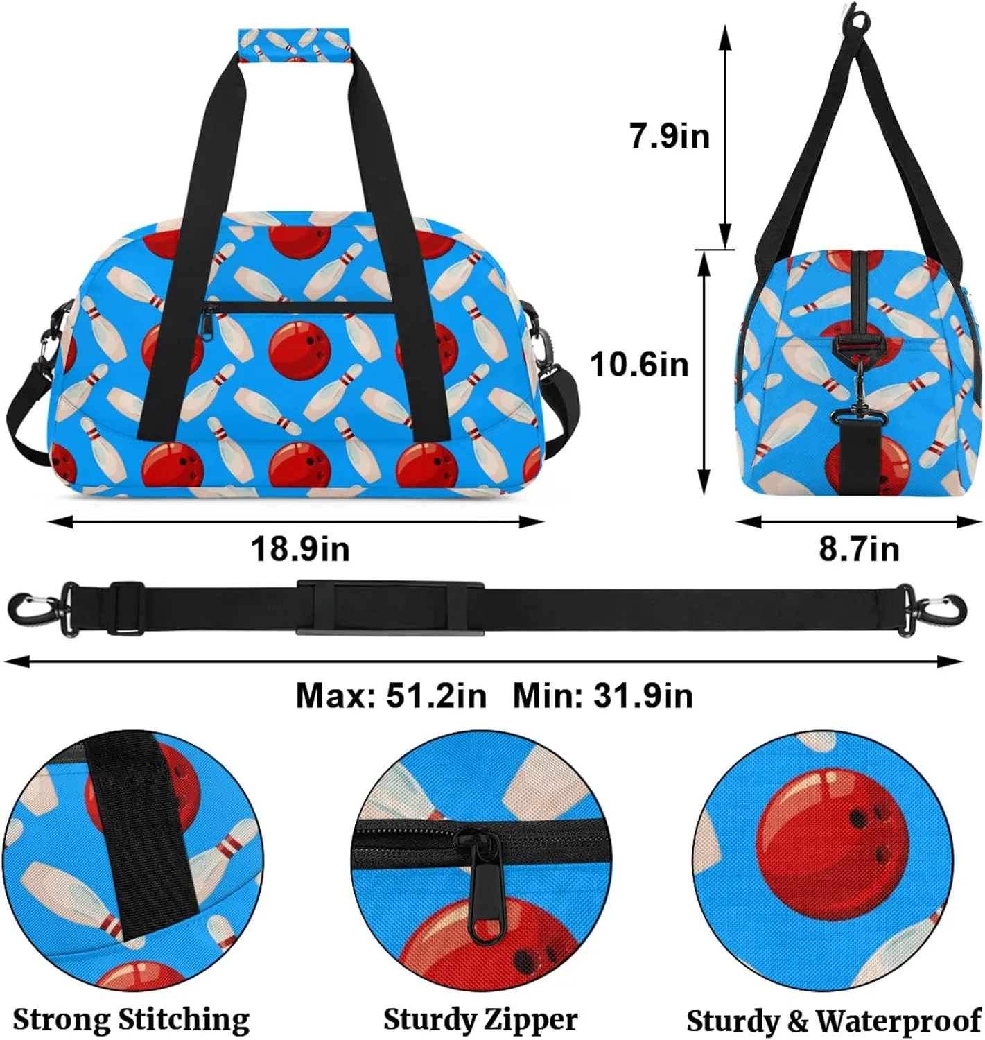 Bowling Ball 18 inch Small Gym Bag for Women and Men, Lightweight Carry On Weekender Bag Mini Duffel Bag for Travel Sports Workout, Blue