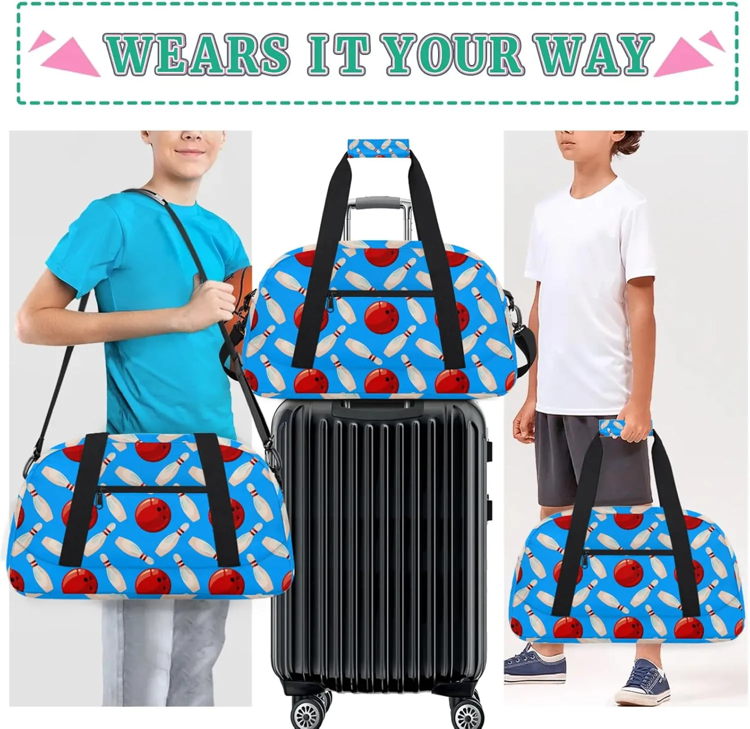 Bowling Ball 18 inch Small Gym Bag for Women and Men, Lightweight Carry On Weekender Bag Mini Duffel Bag for Travel Sports Workout, Blue