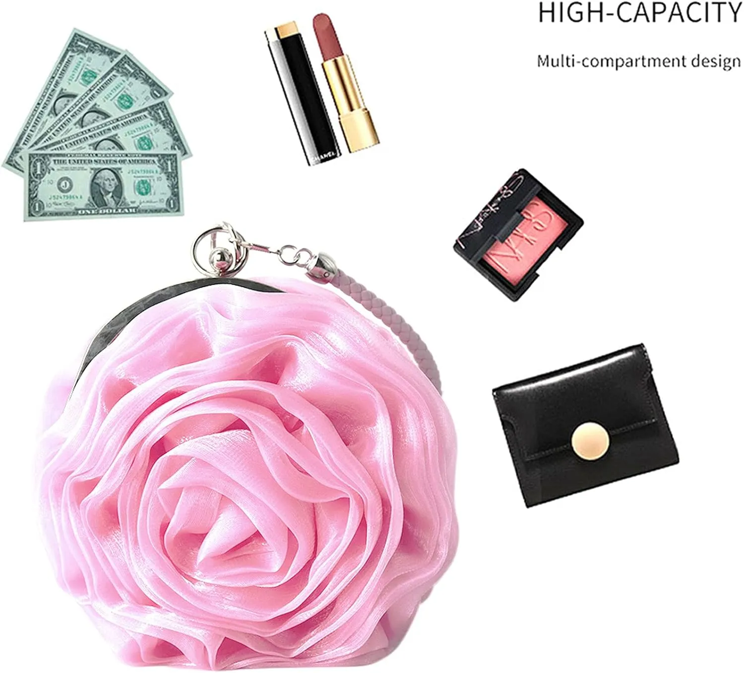 Buddy Women Rose Shaped Clutch Soft Satin Wristlet Handbag Wedding Party Purse