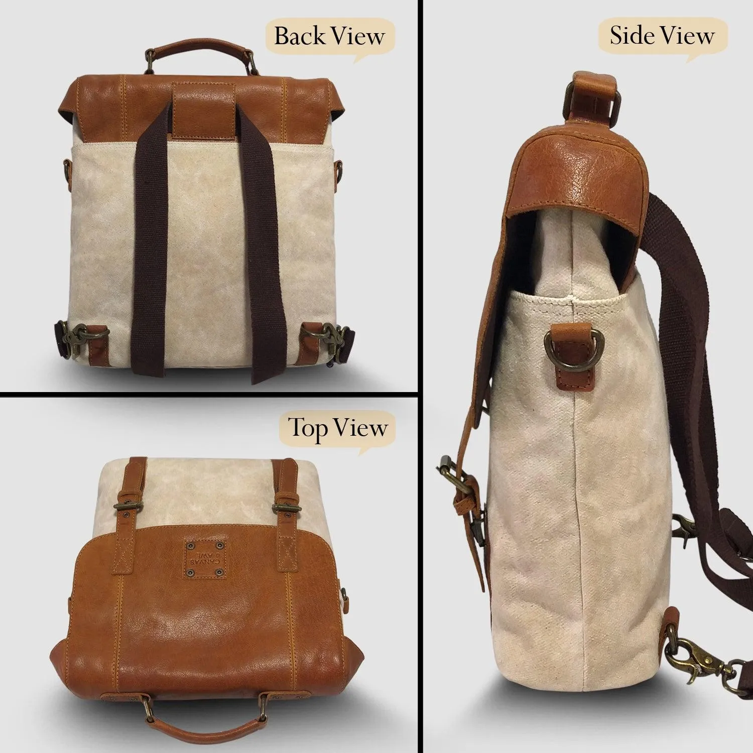 CANVAS & AWL Waxed Canvas & Genuine Leather Unisex Backpack Messenger Bag Shoulder & Crossbody Bag With Top Handle (Cream)
