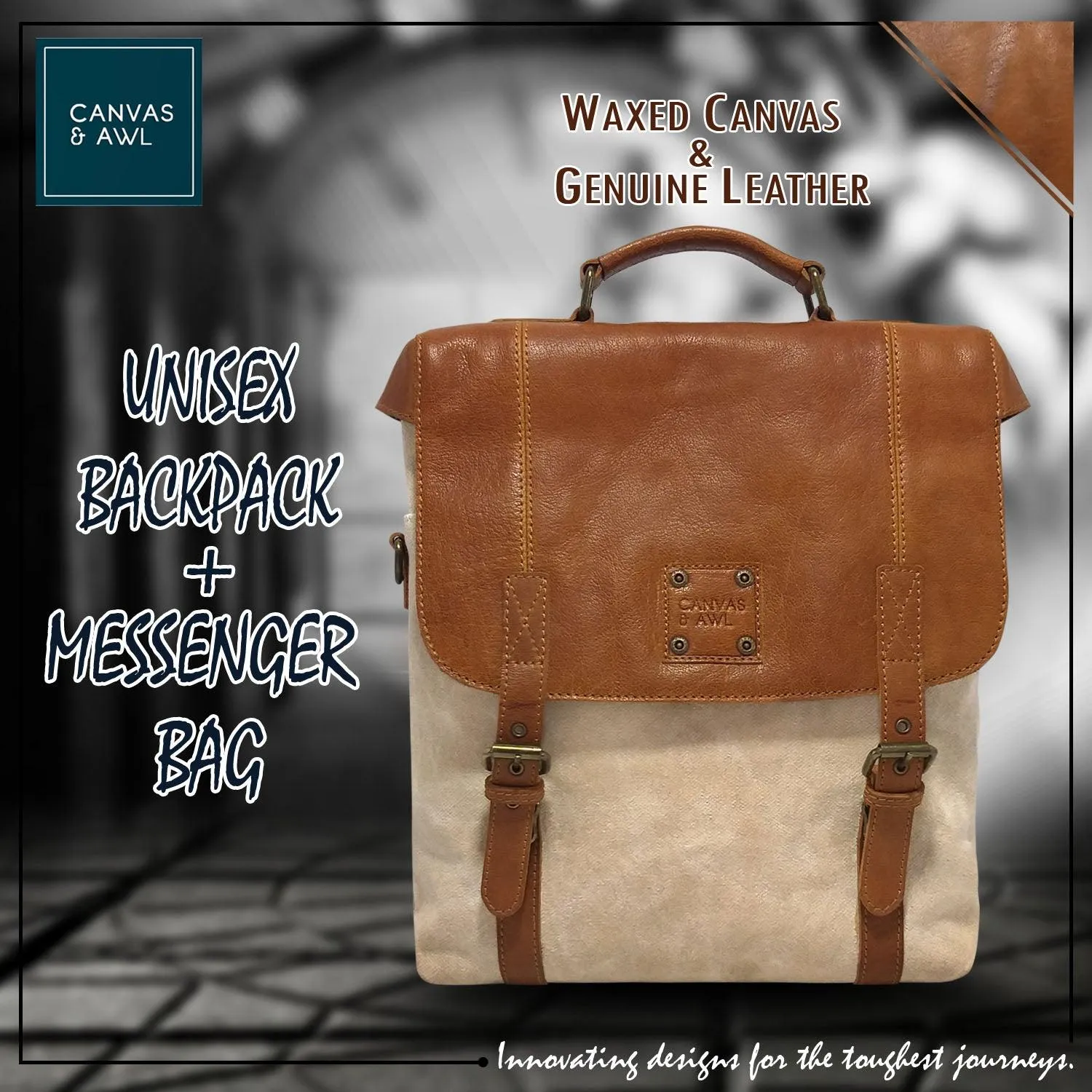 CANVAS & AWL Waxed Canvas & Genuine Leather Unisex Backpack Messenger Bag Shoulder & Crossbody Bag With Top Handle (Cream)