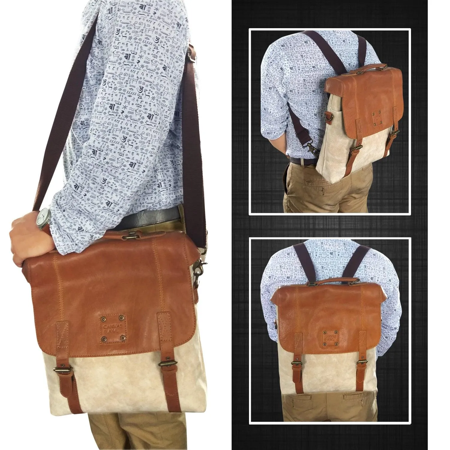 CANVAS & AWL Waxed Canvas & Genuine Leather Unisex Backpack Messenger Bag Shoulder & Crossbody Bag With Top Handle (Cream)