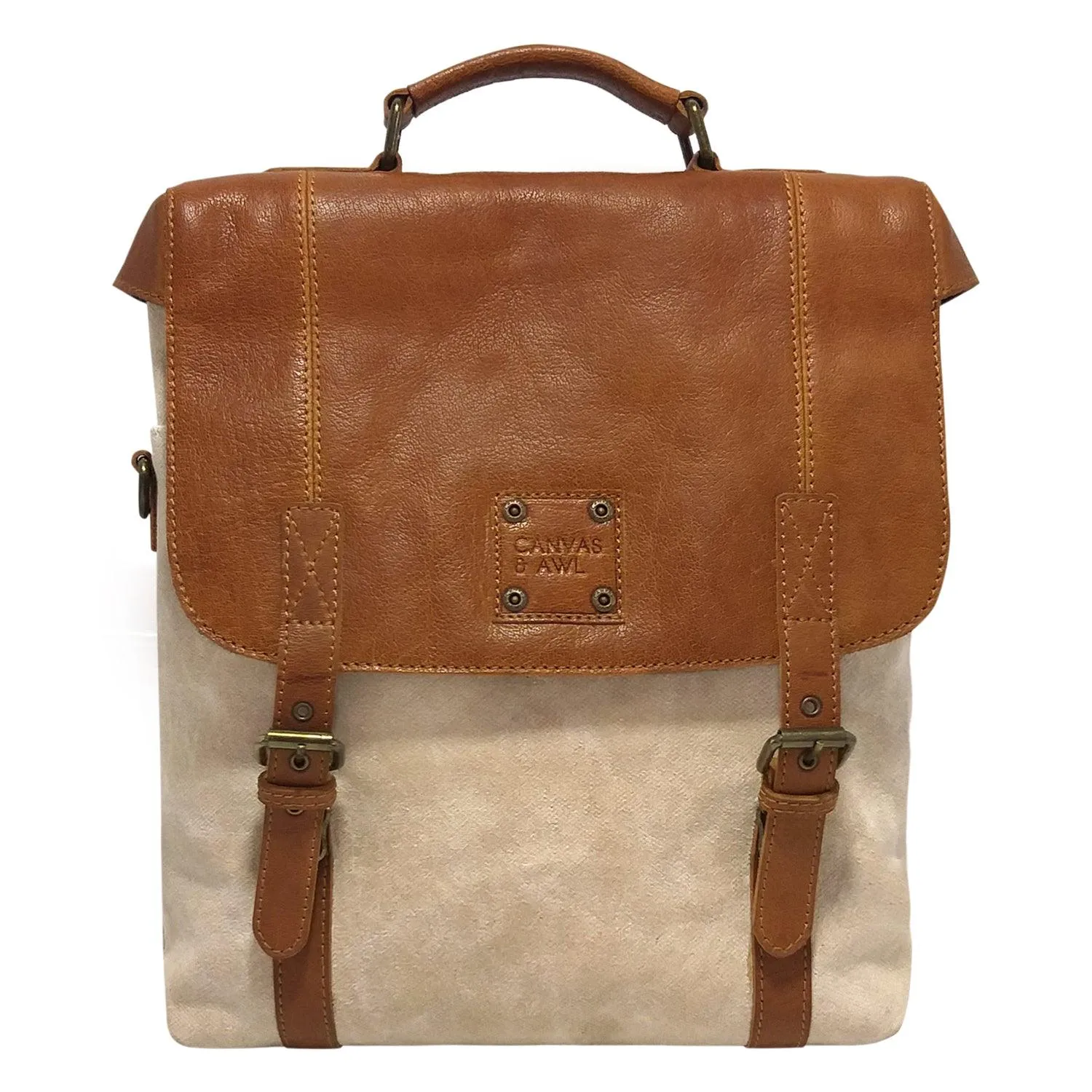 CANVAS & AWL Waxed Canvas & Genuine Leather Unisex Backpack Messenger Bag Shoulder & Crossbody Bag With Top Handle (Cream)