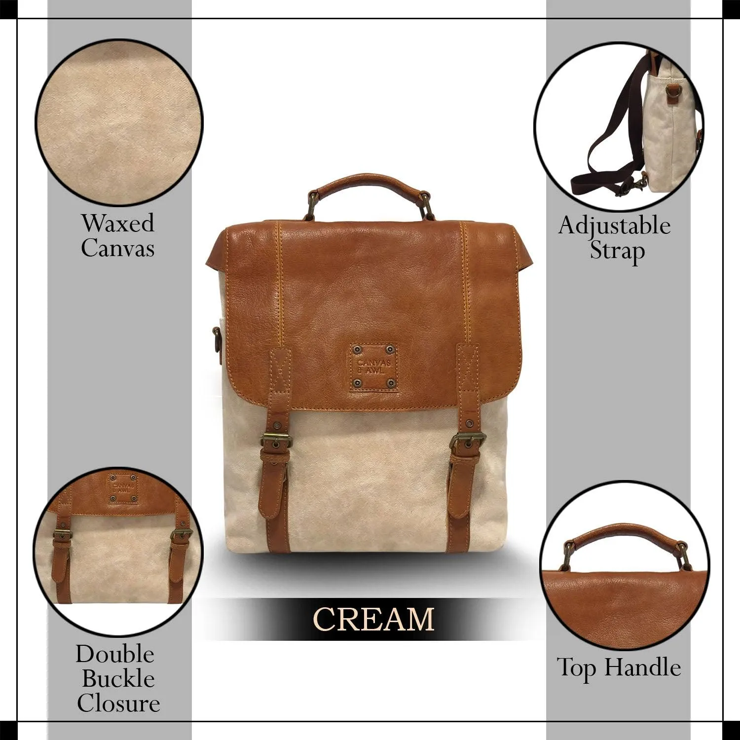 CANVAS & AWL Waxed Canvas & Genuine Leather Unisex Backpack Messenger Bag Shoulder & Crossbody Bag With Top Handle (Cream)