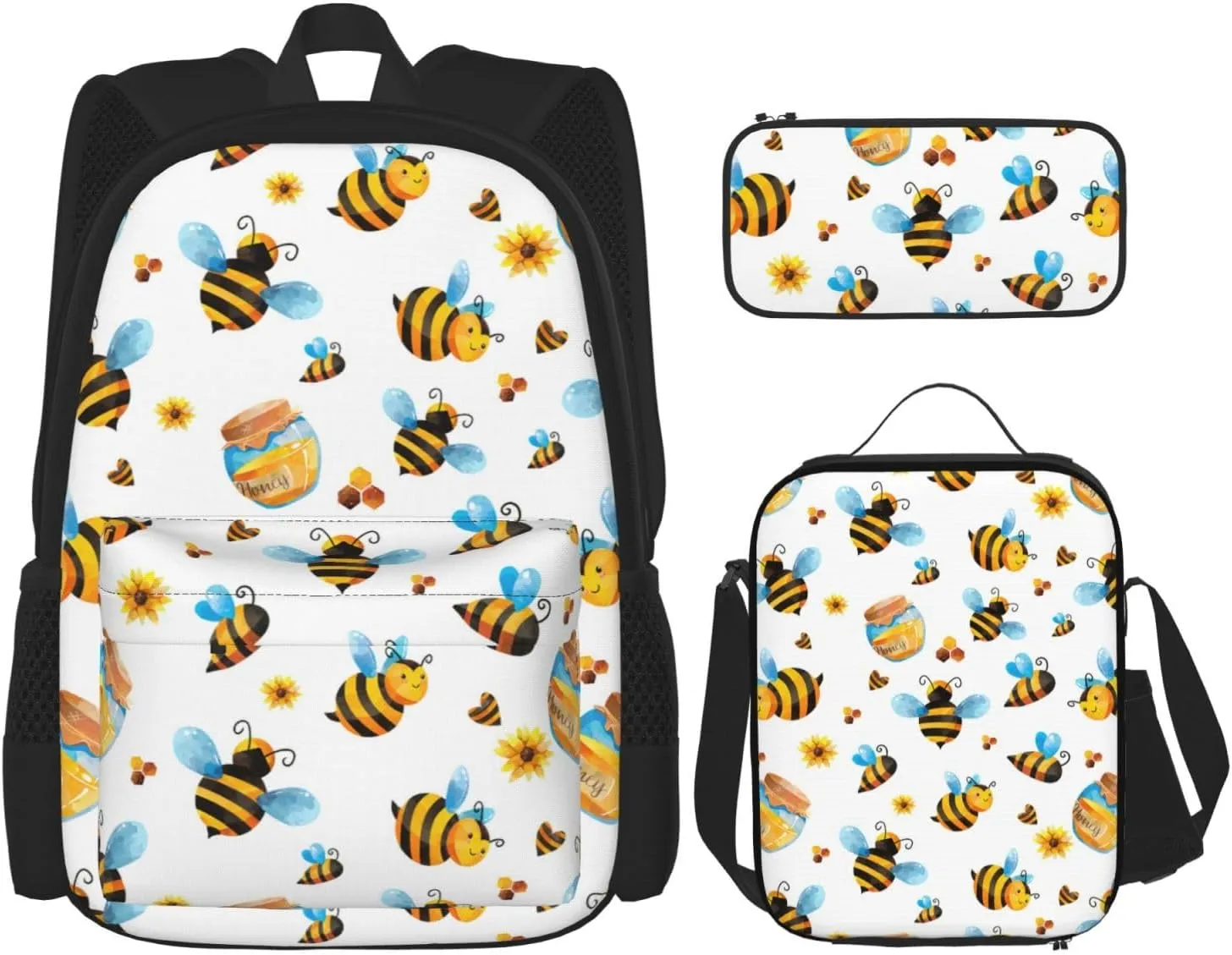 Cartoon Bee Pattern print 3-Piece Casual Backpack Set (Backpack   Waist Bag   Small Pouch), Unisex Daypack