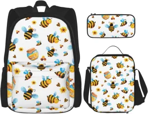 Cartoon Bee Pattern print 3-Piece Casual Backpack Set (Backpack   Waist Bag   Small Pouch), Unisex Daypack