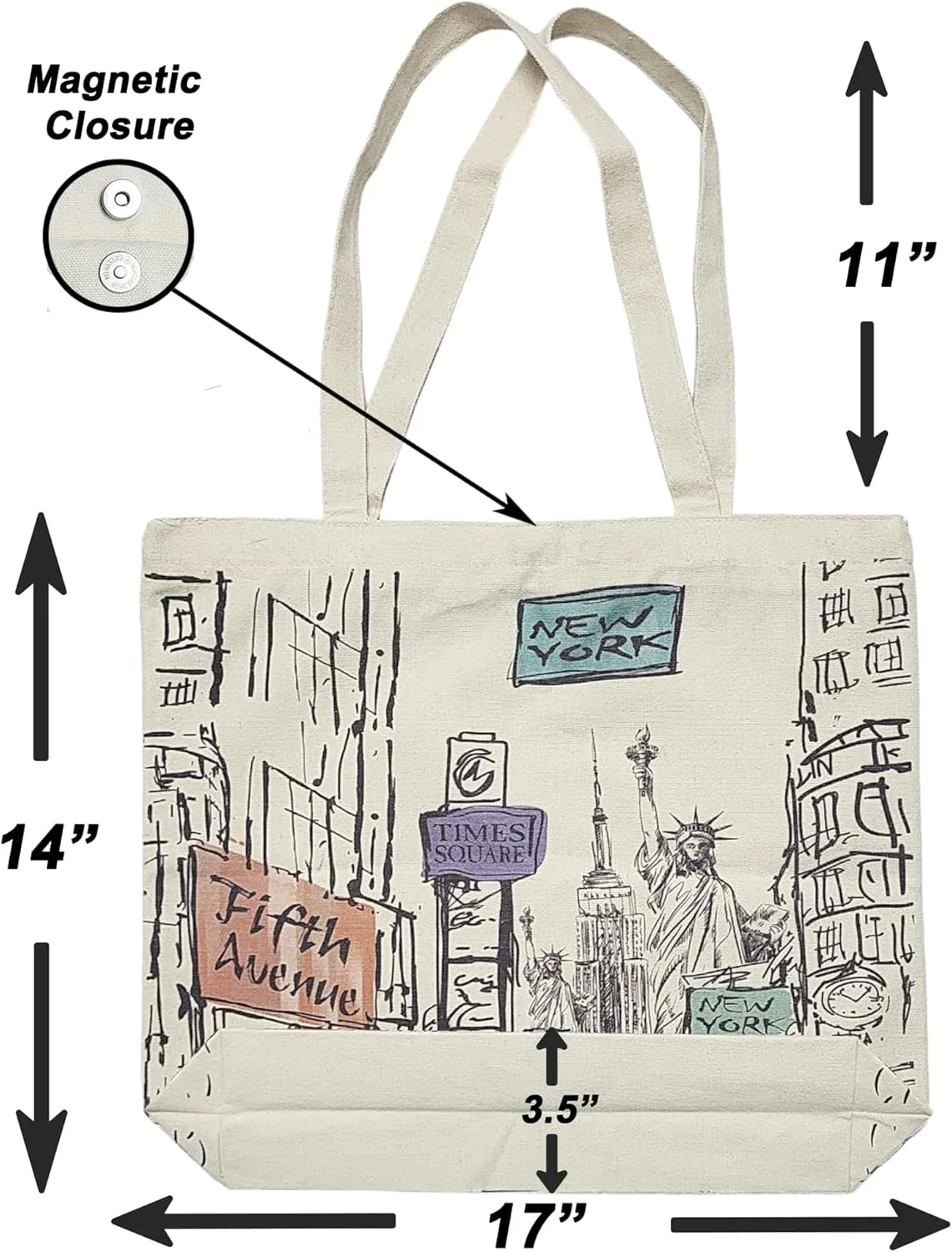 City-Themed Artwork Tote Bag Collection - Designed in the USA, 17"x14", Double Sided Print, Souvenir & Gift