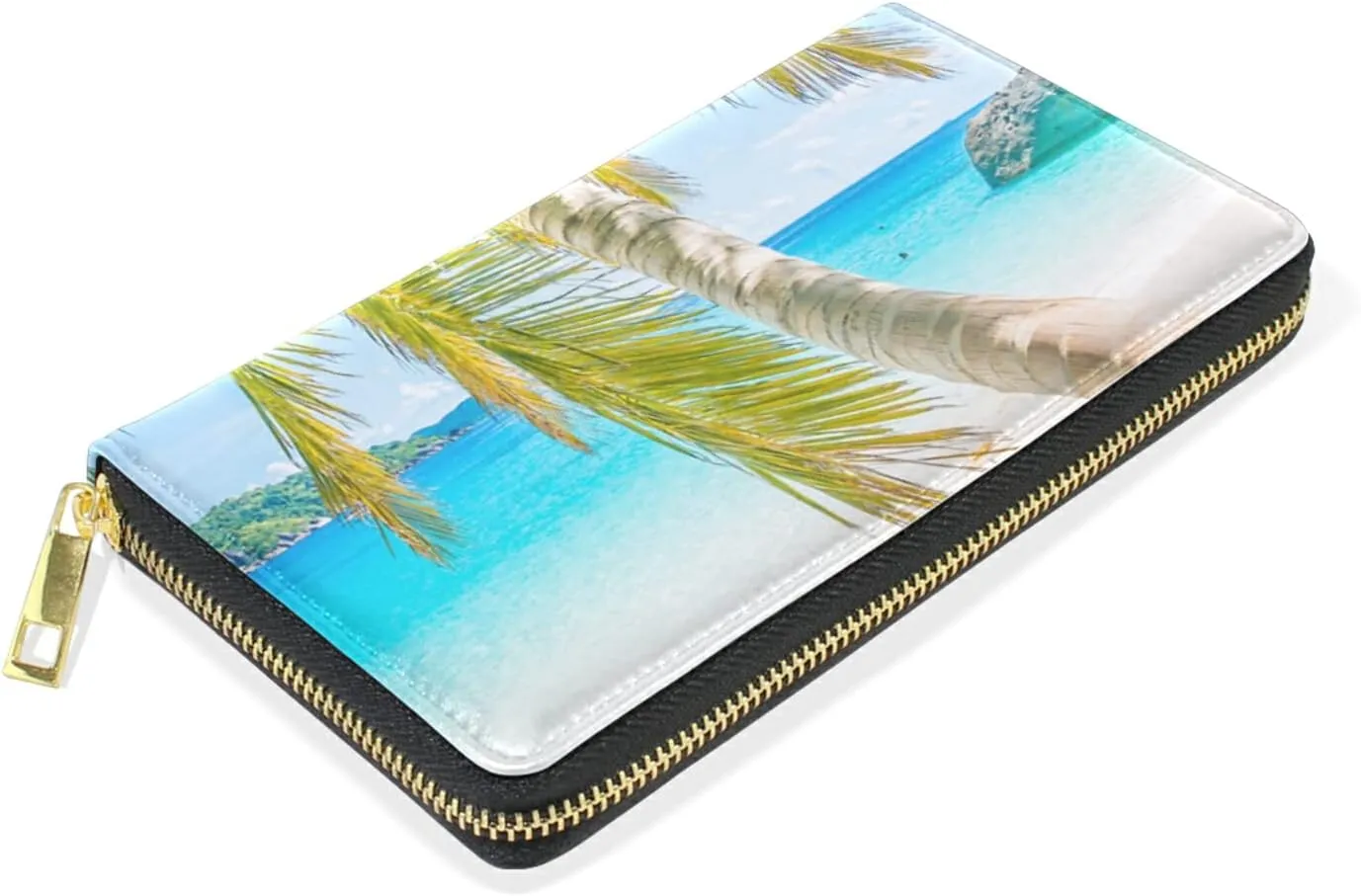 Coconut Palm Tree on Tropical Beach Sea Sunday Leather Long Wallet Organizer with Zipper Purse Clutch Bag for Women Men