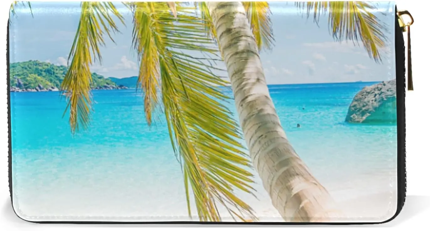 Coconut Palm Tree on Tropical Beach Sea Sunday Leather Long Wallet Organizer with Zipper Purse Clutch Bag for Women Men