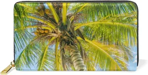 Coconut Palm Tree on Tropical Beach Sea Sunday Leather Long Wallet Organizer with Zipper Purse Clutch Bag for Women Men