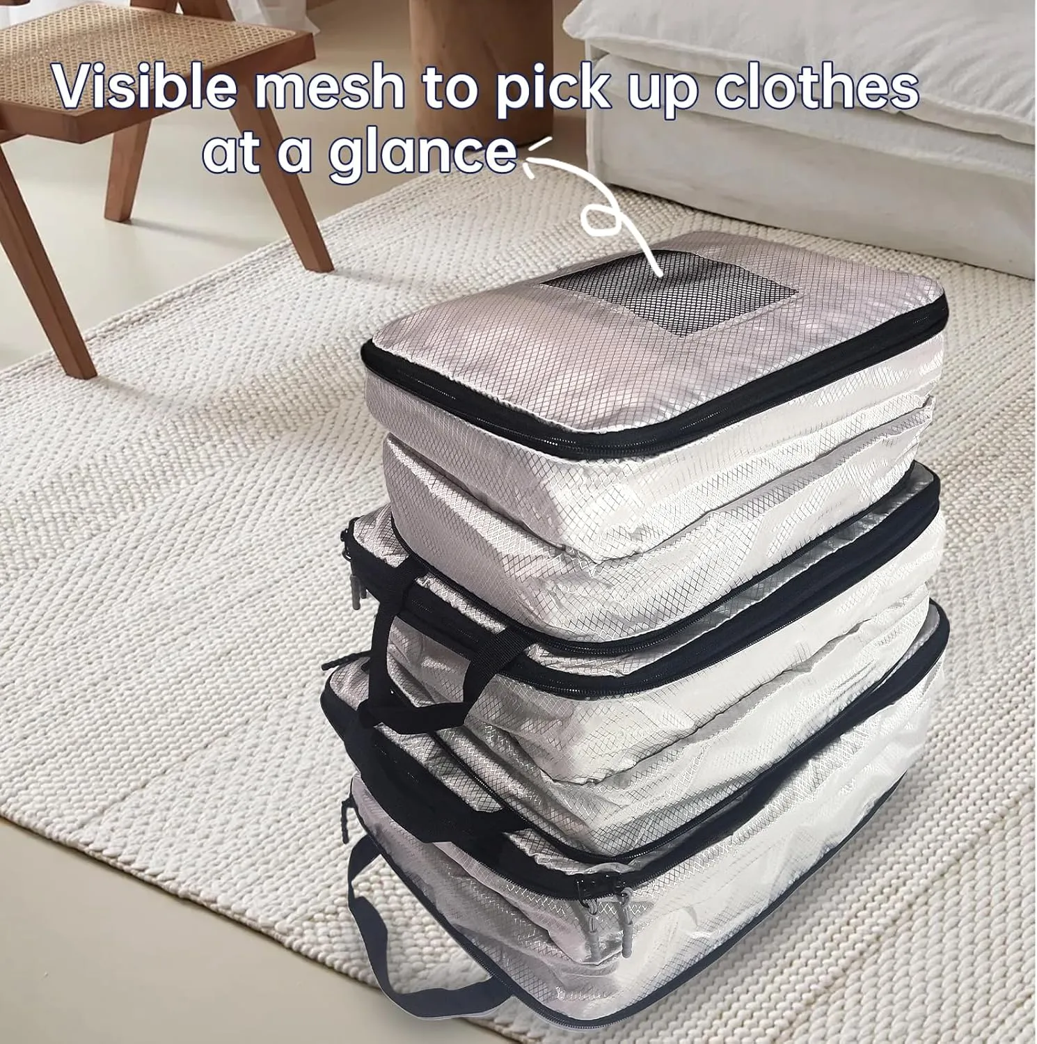 Compression Packing Cubes 2/3/4 sets, Large Travel Packing organizers for Carry on Luggage, 2 Sides Expandable Storage Bags for Backpacking, Suitcases (NavyBlue, Pack 4)